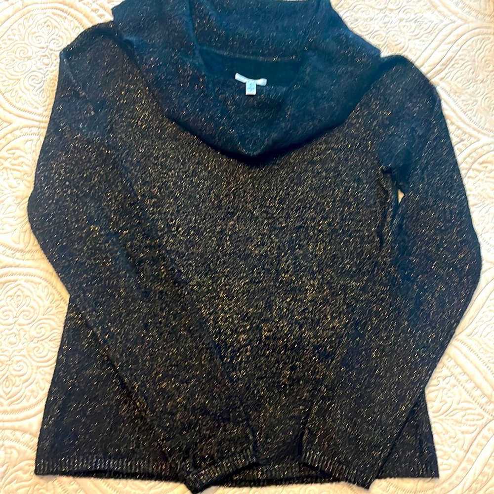 Womans long sleeve, super soft sweater with a cowl neckline and gold Lame’